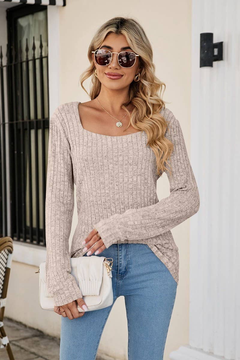CWTBLL3197_SQUARE NECK RIBBED BRUSHED CASUAL LONG SLEEVE TOP