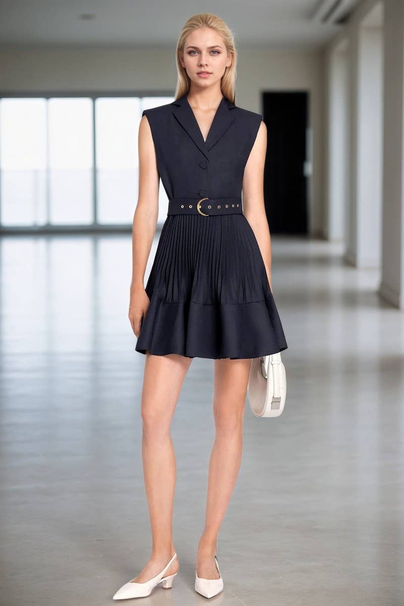 CWDSD8858_SLEEVELESS COLLARED RUCHED SOLID MINI DRESS