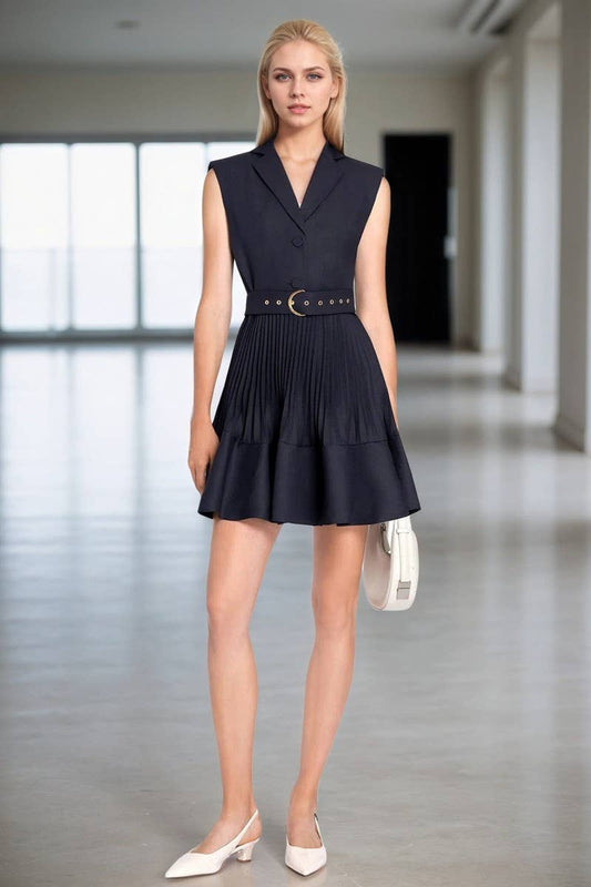 CWDSD8858_SLEEVELESS COLLARED RUCHED SOLID MINI DRESS