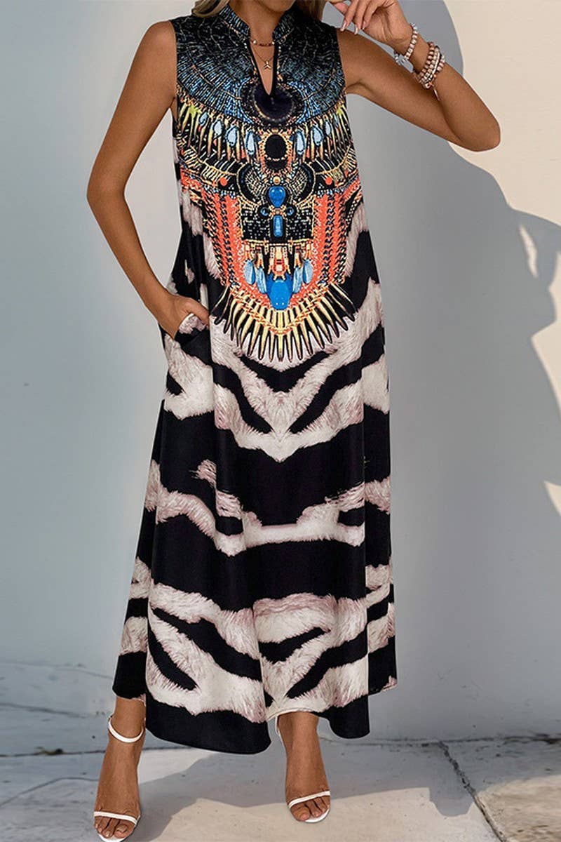 CWDMD4214_V-NECK VINTAGE ANIMAL PRINT SLEEVELESS DRESS