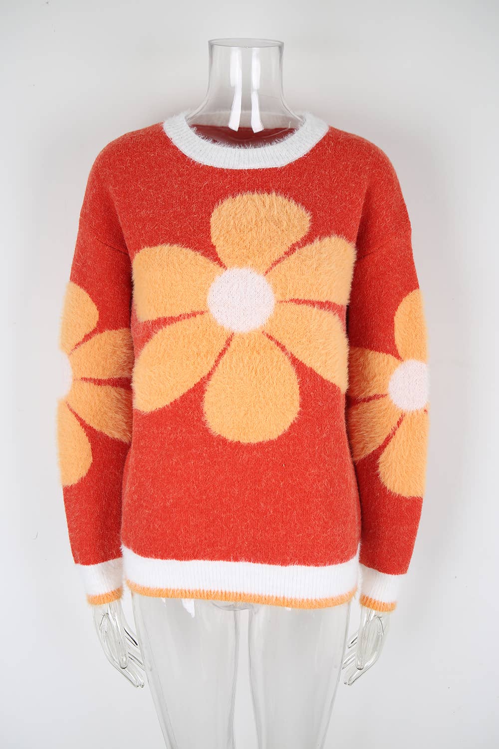 Flower-patterned knitted round-neck sweater