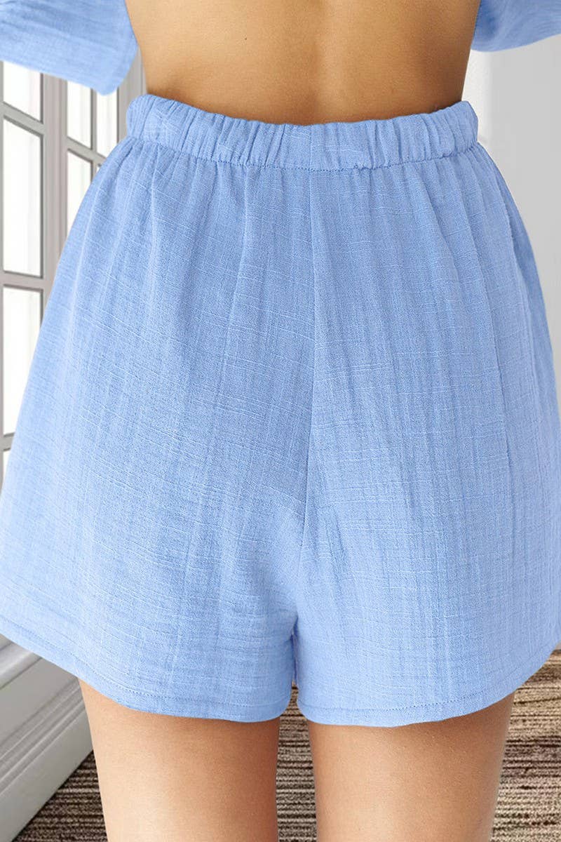 CWSPJ0327_CARDIGAN TIE LONG SLEEVE SHORTS PAJAMA SET