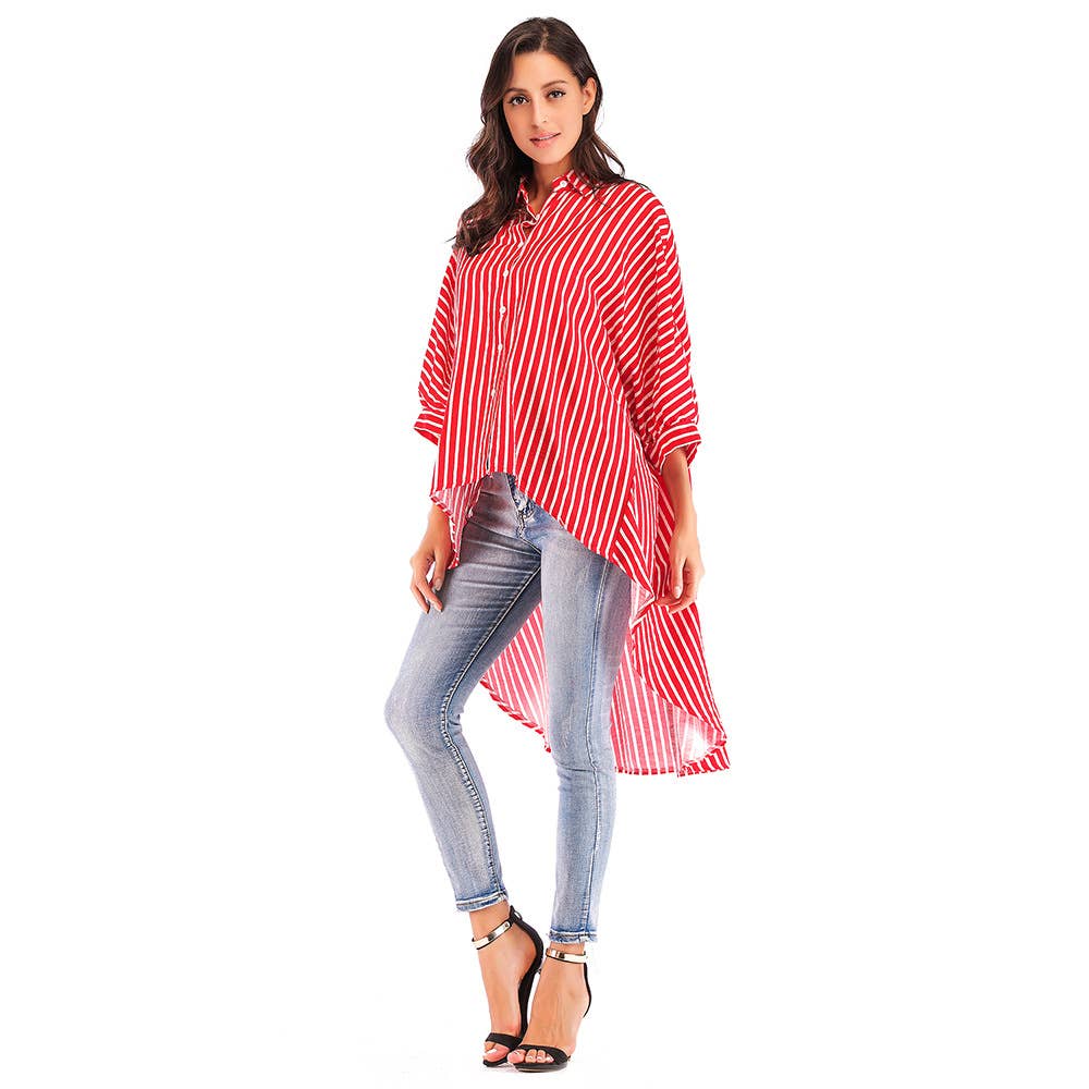 BAT-SLEEVED LOOSE DOVETAIL TREND STRIPED SHIRT