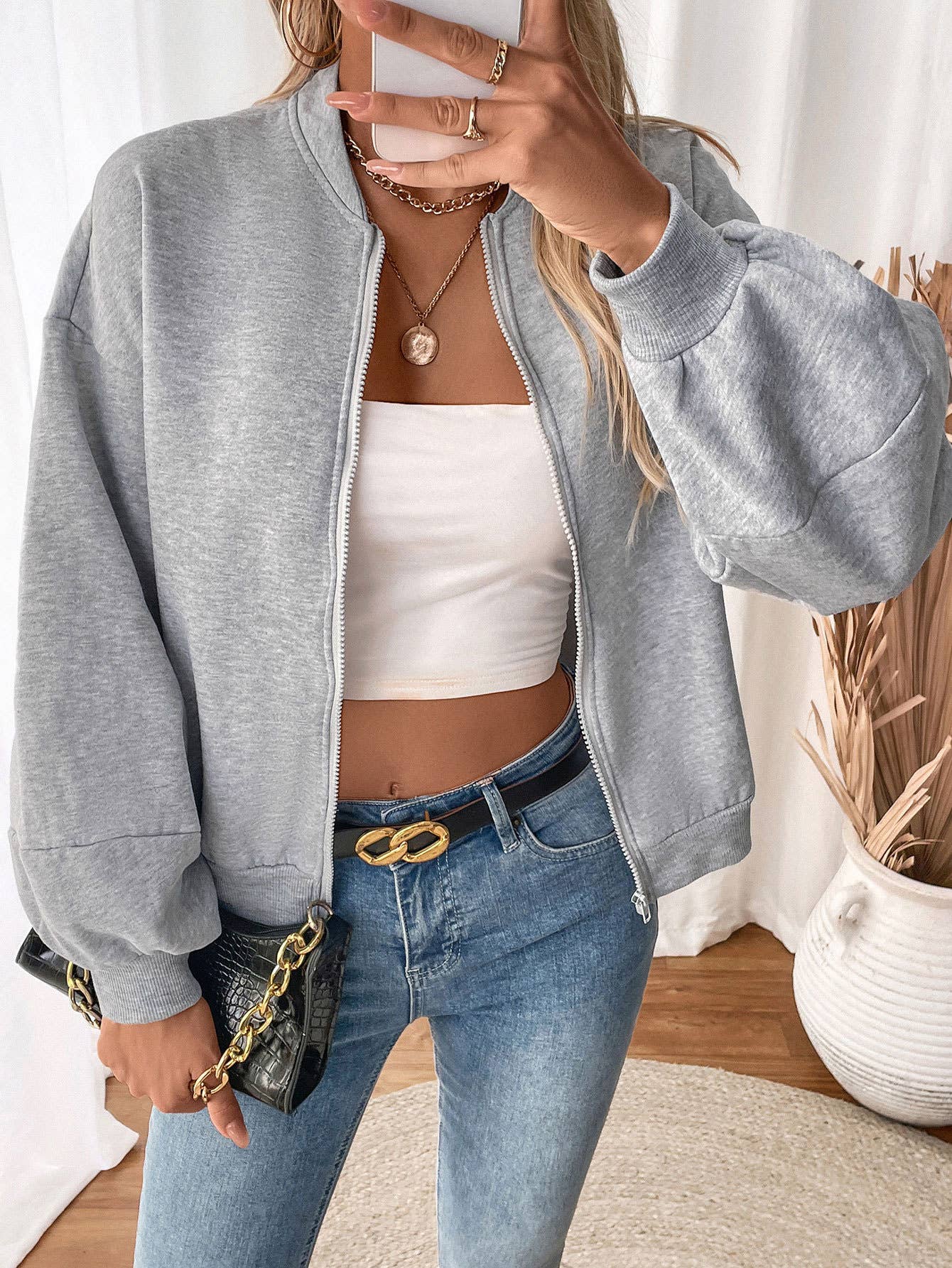 Fleece and thickened solid-color zipper jacket