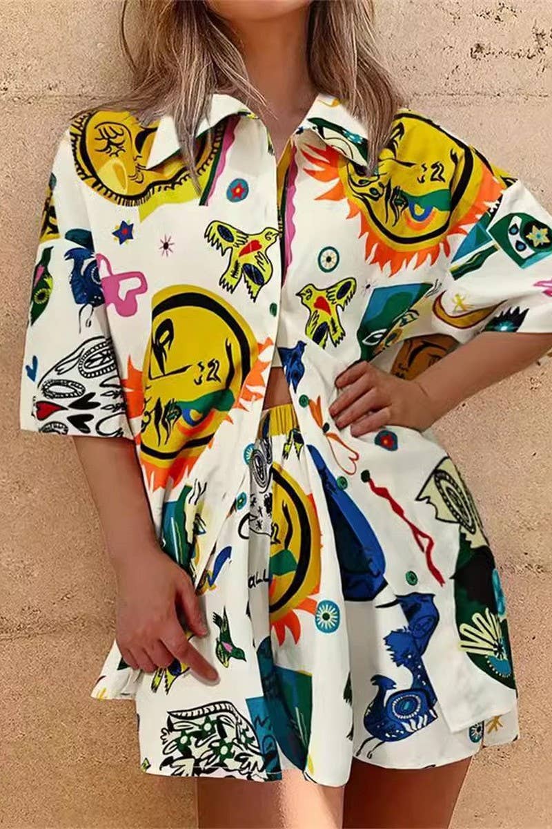 CWSS1119_CONTRAST COLOR CASUAL GRAFFITI PRINT TWO-PIECE