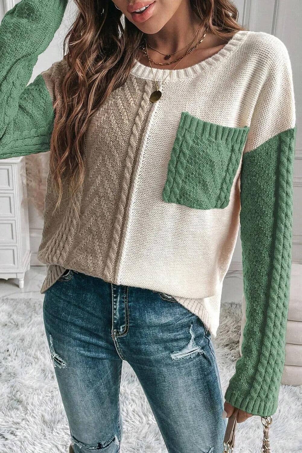 CASUAL PATCHWORK POCKET PULLOVER SWEATER