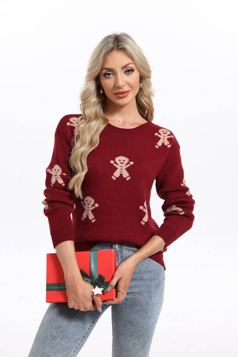 CWOSWL07366_CHRISTMAS CARTOON EMBROIDERED CREWNECK SWEATER