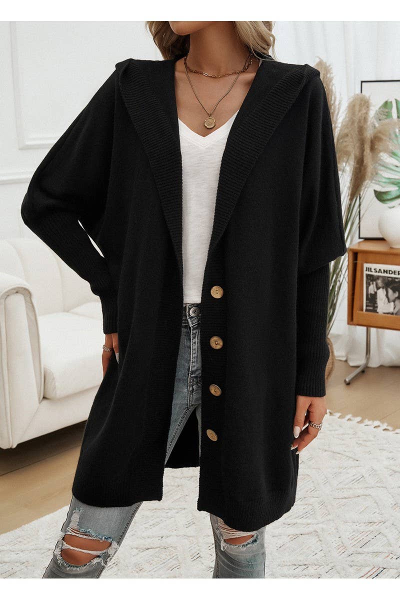 CWOCAL0873_Button Up Hooded Knit Sweater Long Cardigan