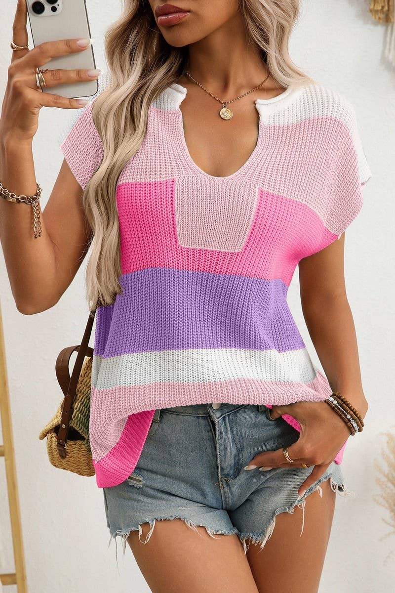 CWOSWS0141_COLORBLOCK U-NECK DOPAMINE KNIT TOP