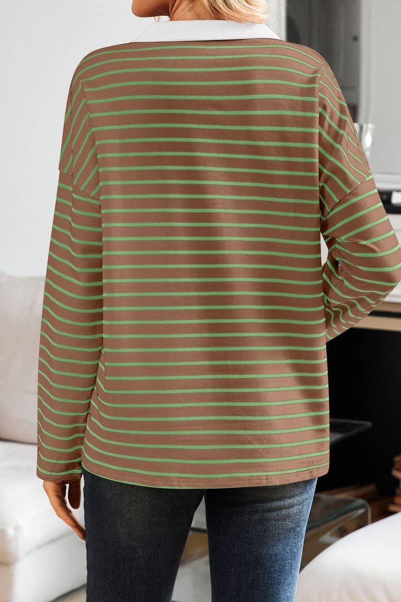 CWTBLL3674_STRIPED V-NECK LOOSE LAPEL SWEATSHIRT TOP