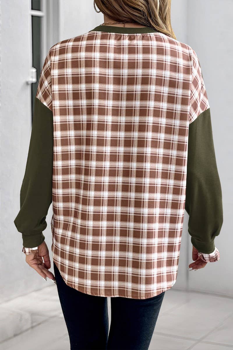 CWTBLL4053_PLAID PATCHWORK LIGHTWEIGHT CREWNECK SWEATSHIRT
