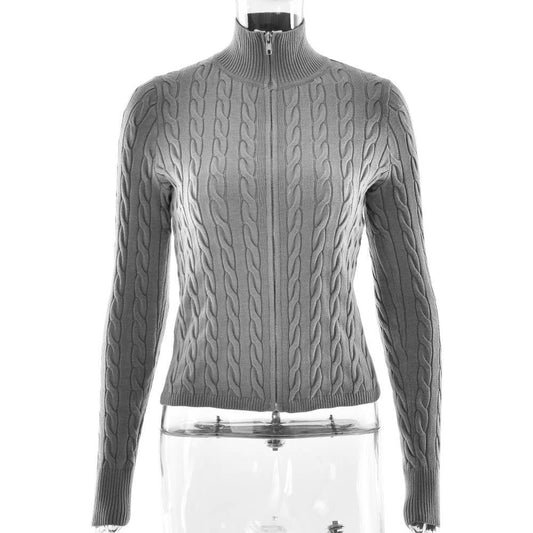 Fashionable semi-high neck zipper knit cardigan