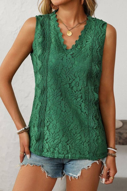 CWTBLSL0672_V-NECK LACE SLEEVELESS VEST TOP