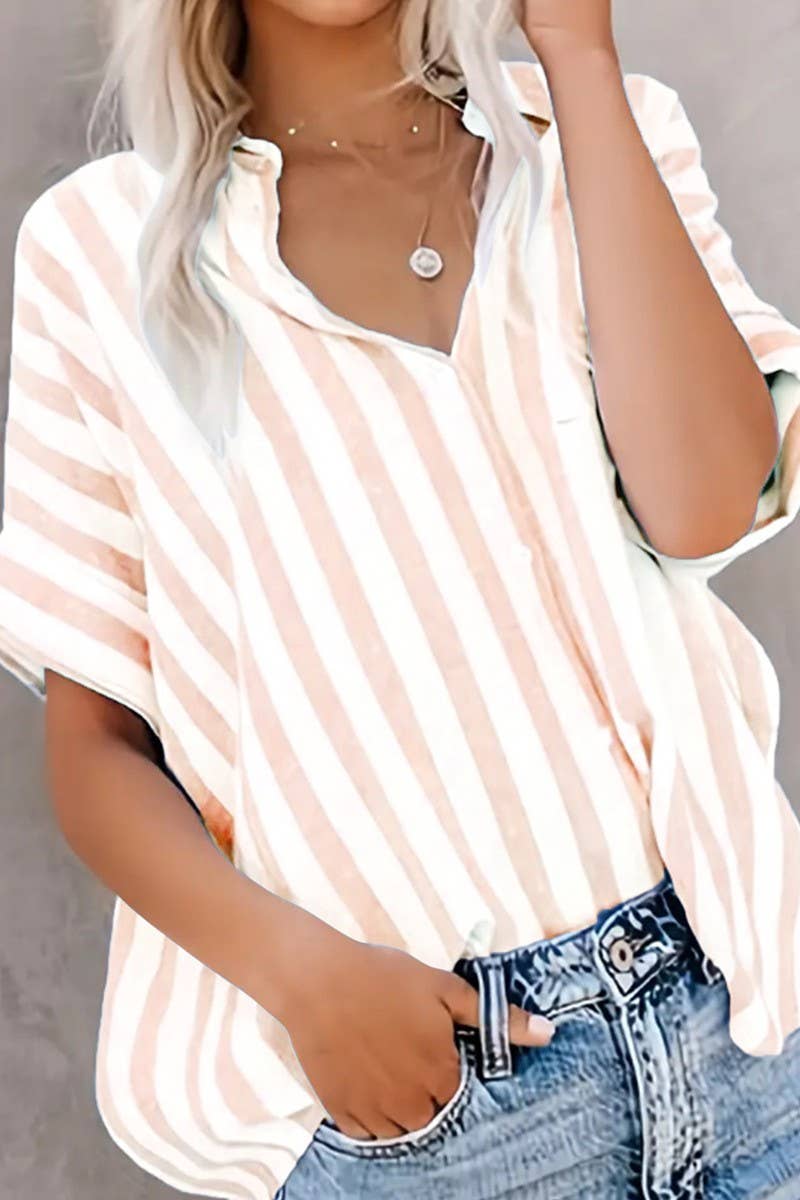 CWTBLSL0993_CASUAL LOOSE TWO-TONE STRIPED CARDIGAN SHIRT