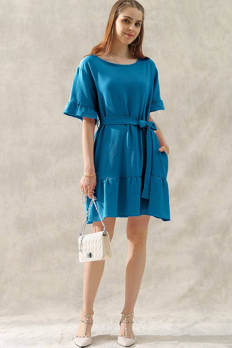 CWDSD10405_WAIST BOW TIE MIDI RUFFLE SHORT MIDI DRESS