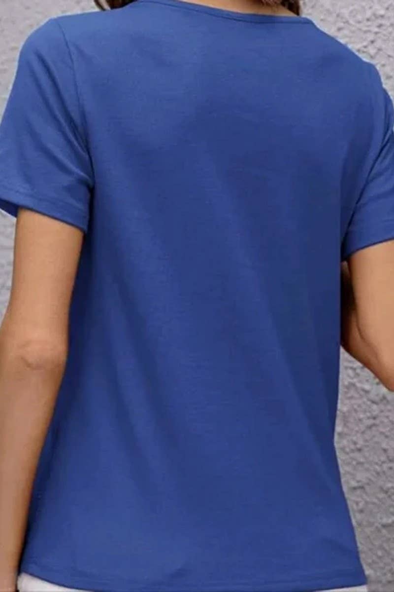 CWTBLS2189_SOLID V-NECK PATCHWORK SLIM FIT FASHION TEE