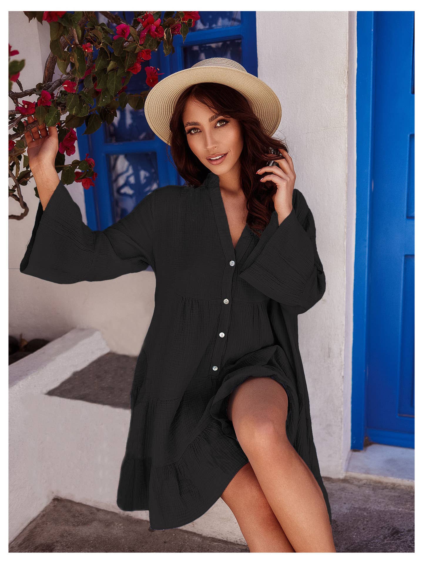 FLARED SLEEVES SINGLE BREASTED MID-LENGTH DRESS