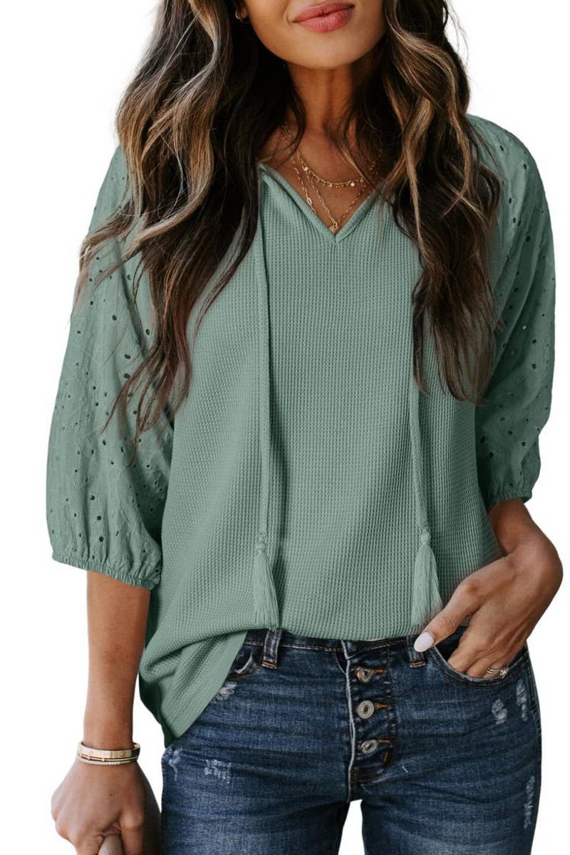 CWOHOS0021_SUMMER DRAWSTRING HOLLOW V-NECK SLEEVE T-SHIRT