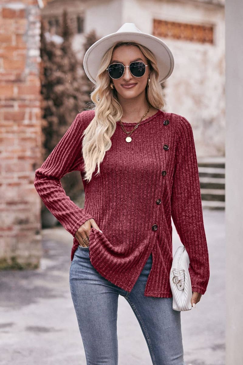 CWOSWL6468_CREW-NECK LONG-SLEEVED SWEATER WITH SPLIT BUTTONS