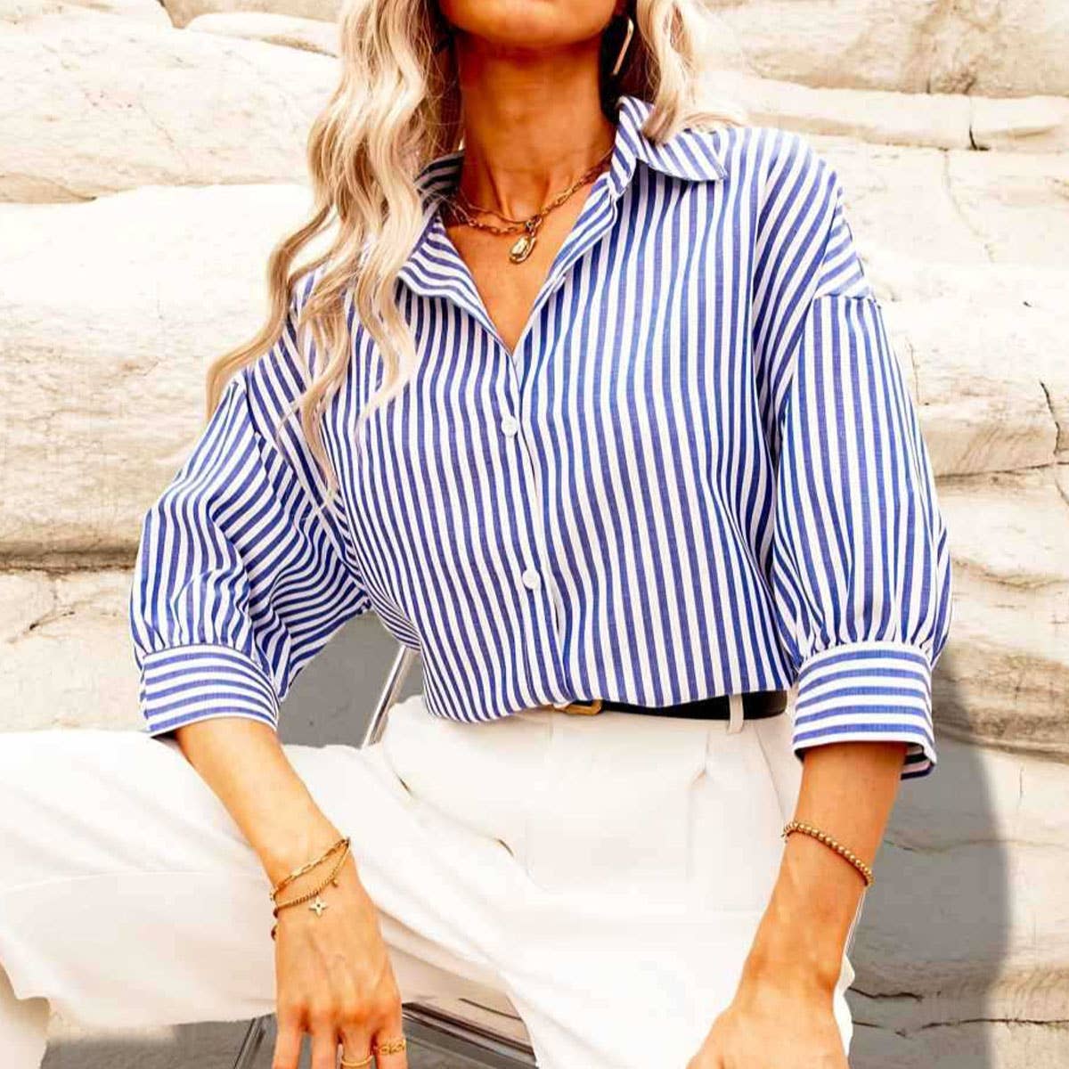 CASUAL HARBOR STYLE LAPEL MID-SLEEVE STRIPE SHIRT