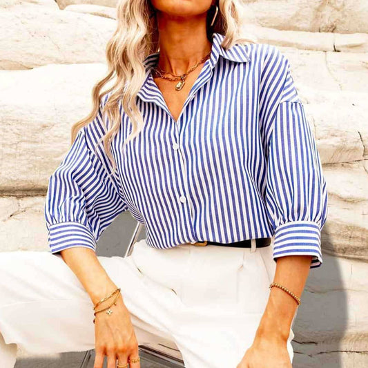 CASUAL HARBOR STYLE LAPEL MID-SLEEVE STRIPE SHIRT