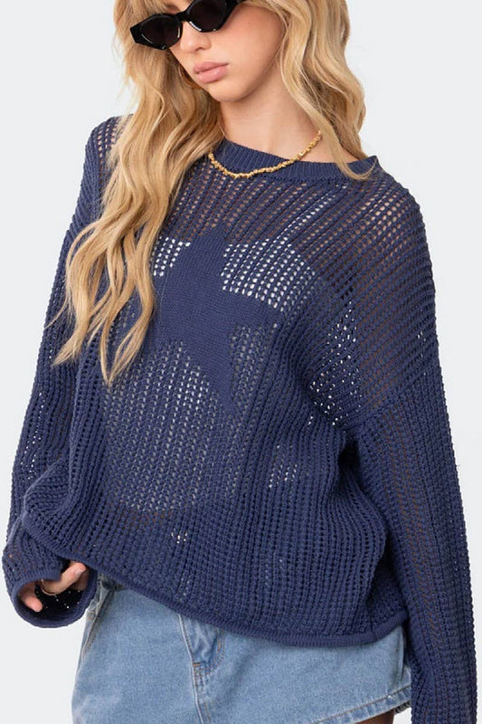 CWOSWL6269_SOLID COLOR LONG SLEEVE HOLLOW KNIT TOP