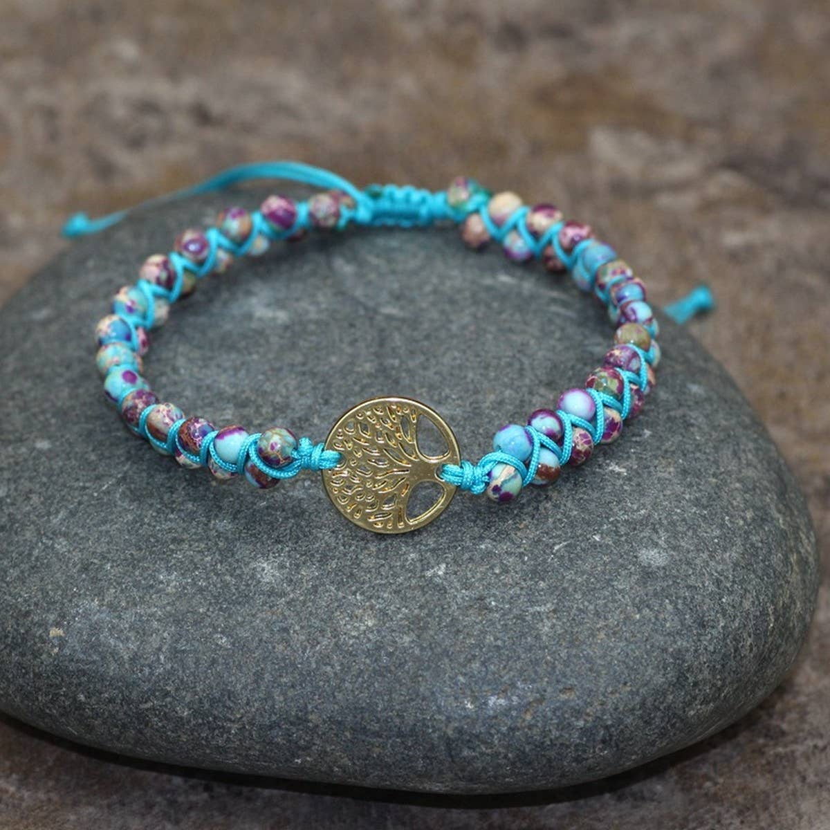 TREE SHAPED PENDANT NATURAL STONE WOVEN BRACELET