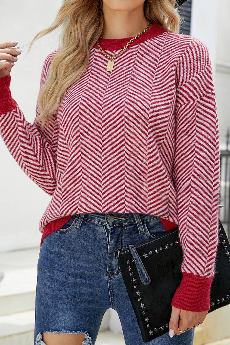 CWTTL1074 Striped Round Neck Knitted Panel Pullover Sweater