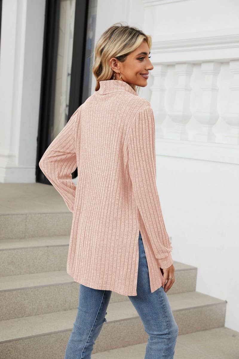 CWTBLL2363_SOLID COLOR HALF TURTLENECK SLIT POCKET TOP