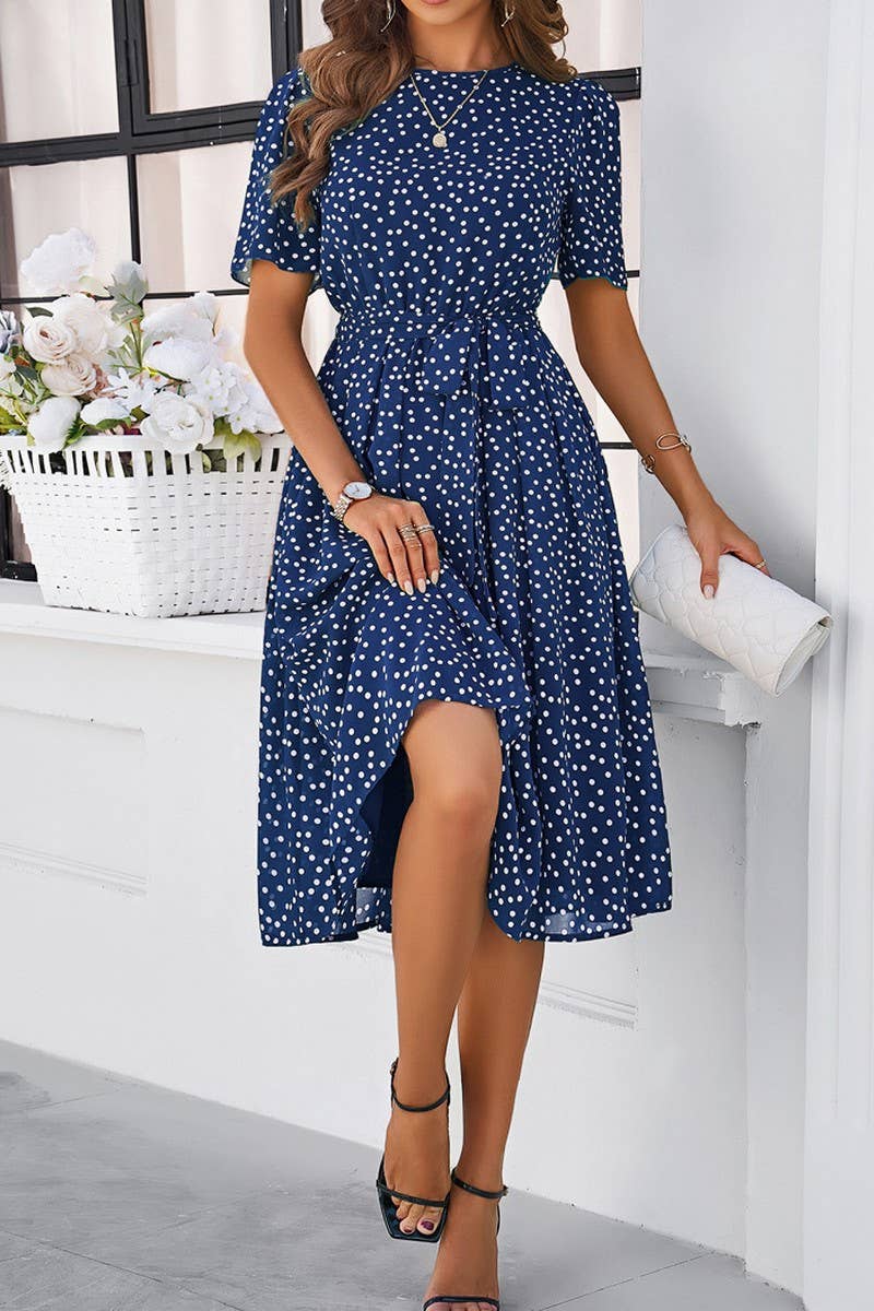 CWDSD7139_TEMPERAMENT CASUAL POLKA DOT LACE-UP PRINT DRESS