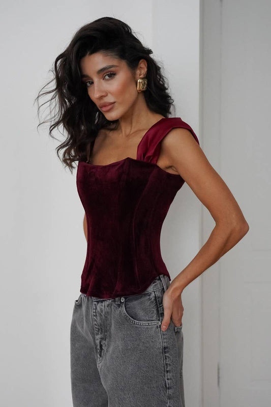 CWTTK0702_VELVET HERRINGBONE ZIP-UP WAIST CAMISOLE TOP
