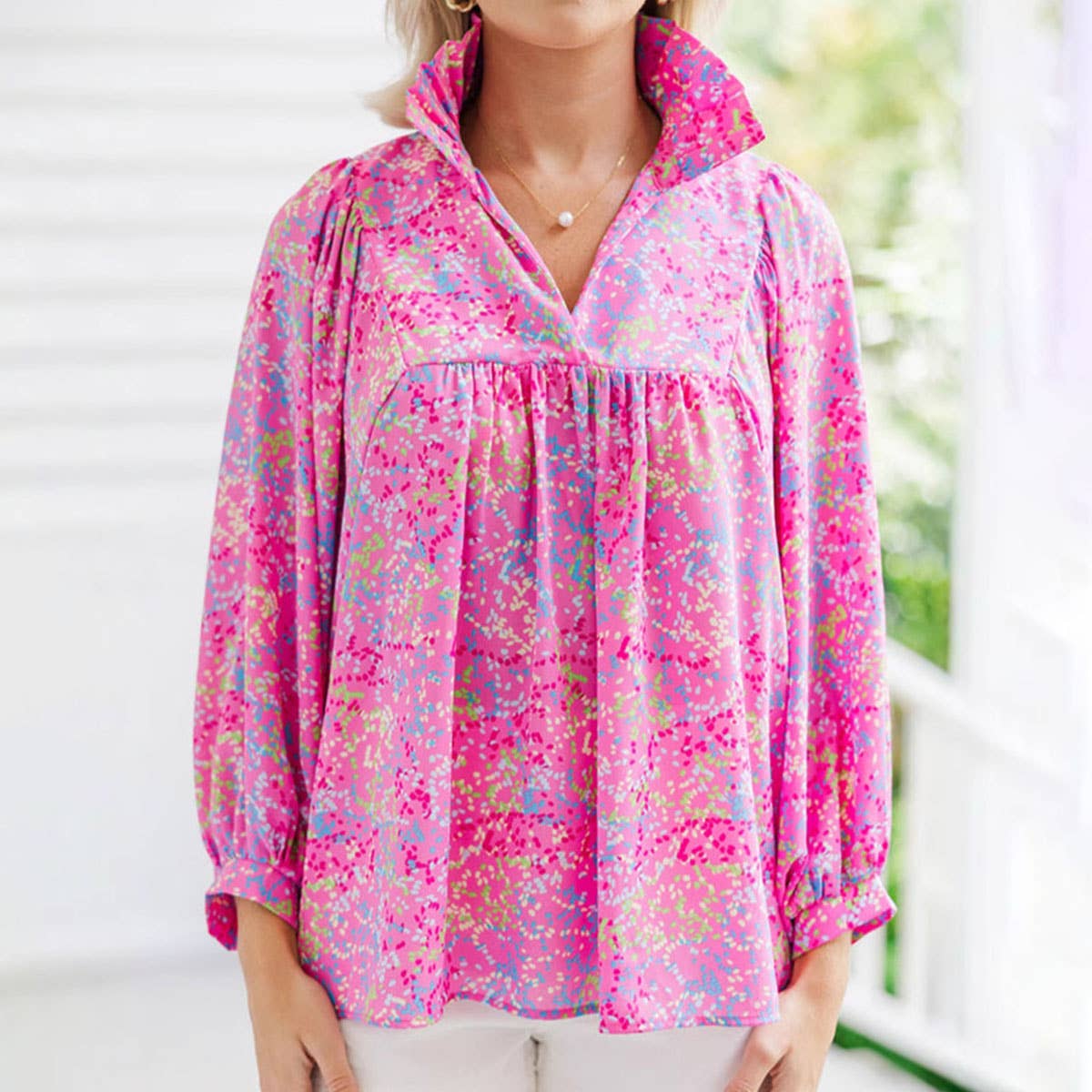Casual loose flesh-covering pullover floral print shirt
