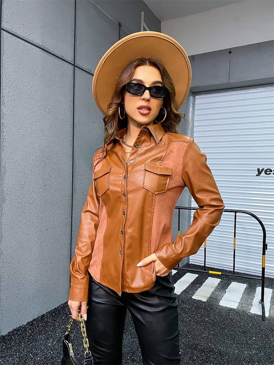 CASUAL PU LEATHER SPLICING LEATHER COAT FOR WOMEN