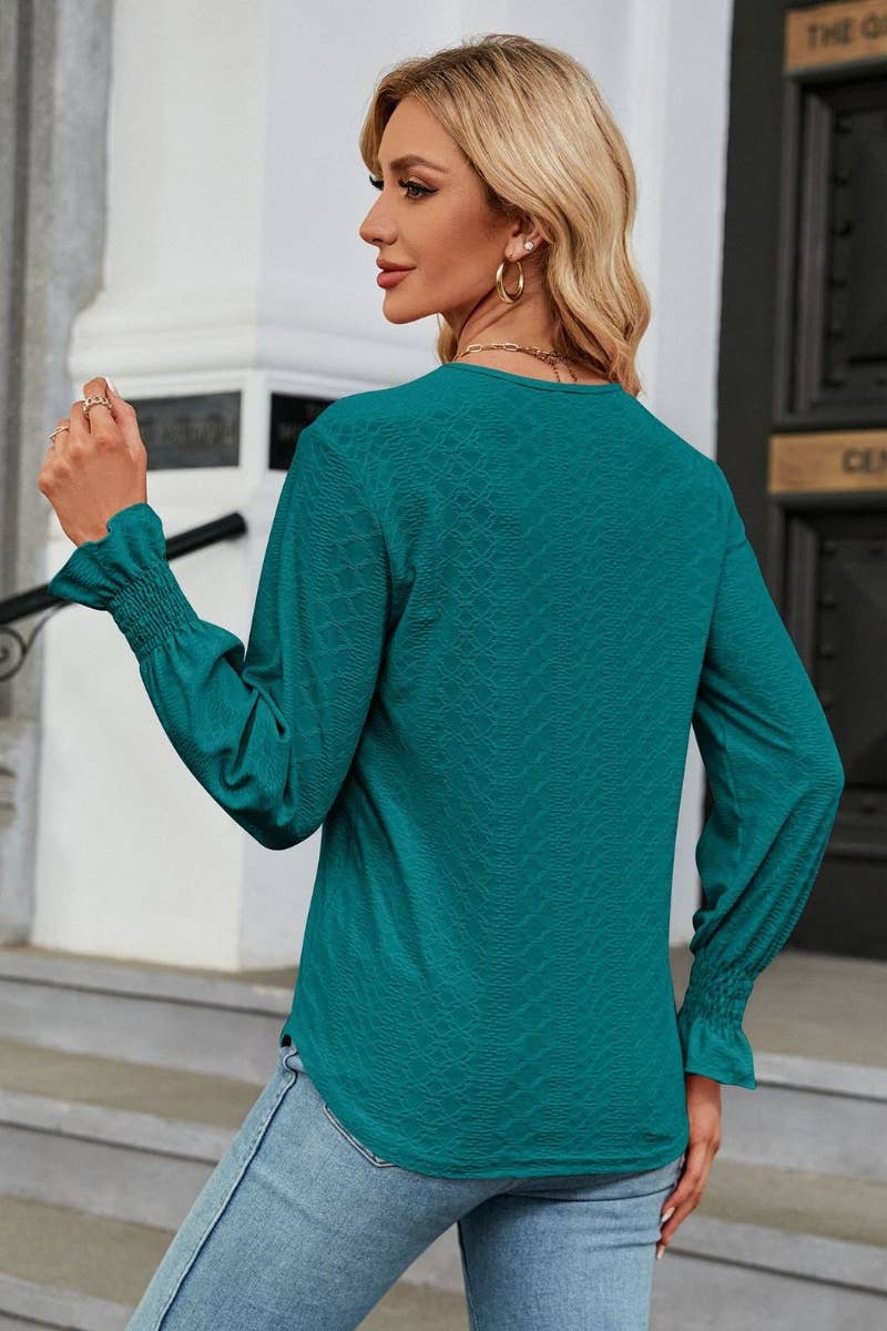 CWTBLL2822_LACE LACE PATCHWORK V-NECK LONG SLEEVE TOP