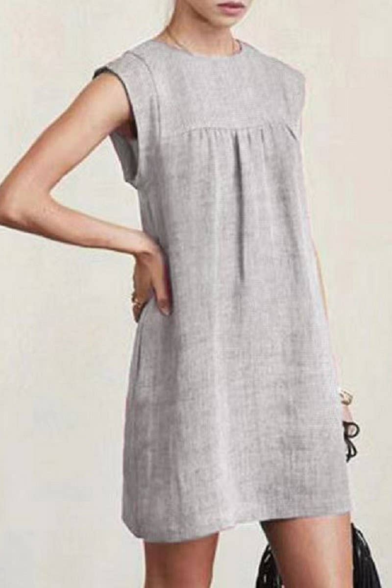CWDSD10559_LOOSE CASUAL COTTON AND LINEN SOLID COLOR DRESS