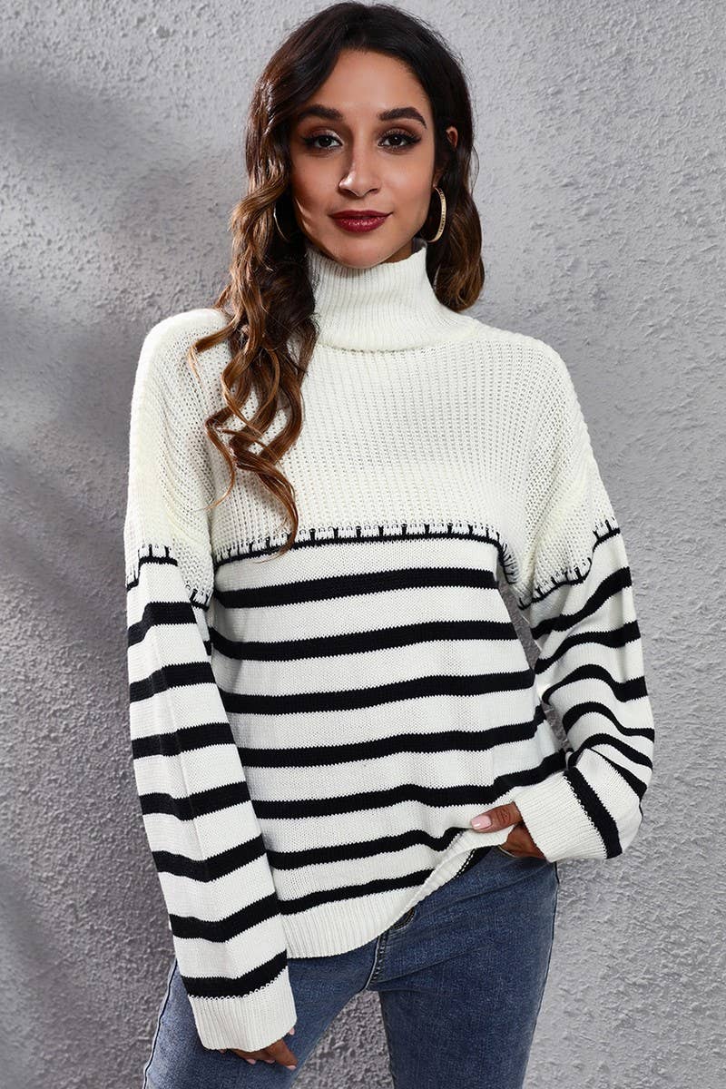 CWOSWL3965_STRIPED PANELLED TURTLENECK SWEATER