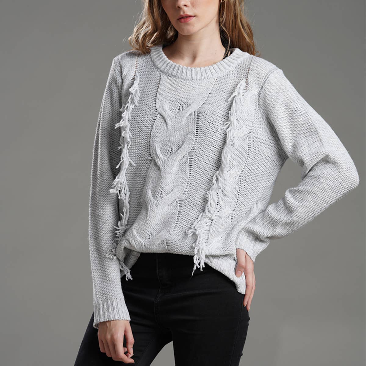 CREWNECK LONG SLEEVE PULLOVER SWEATER WITH FRINGE