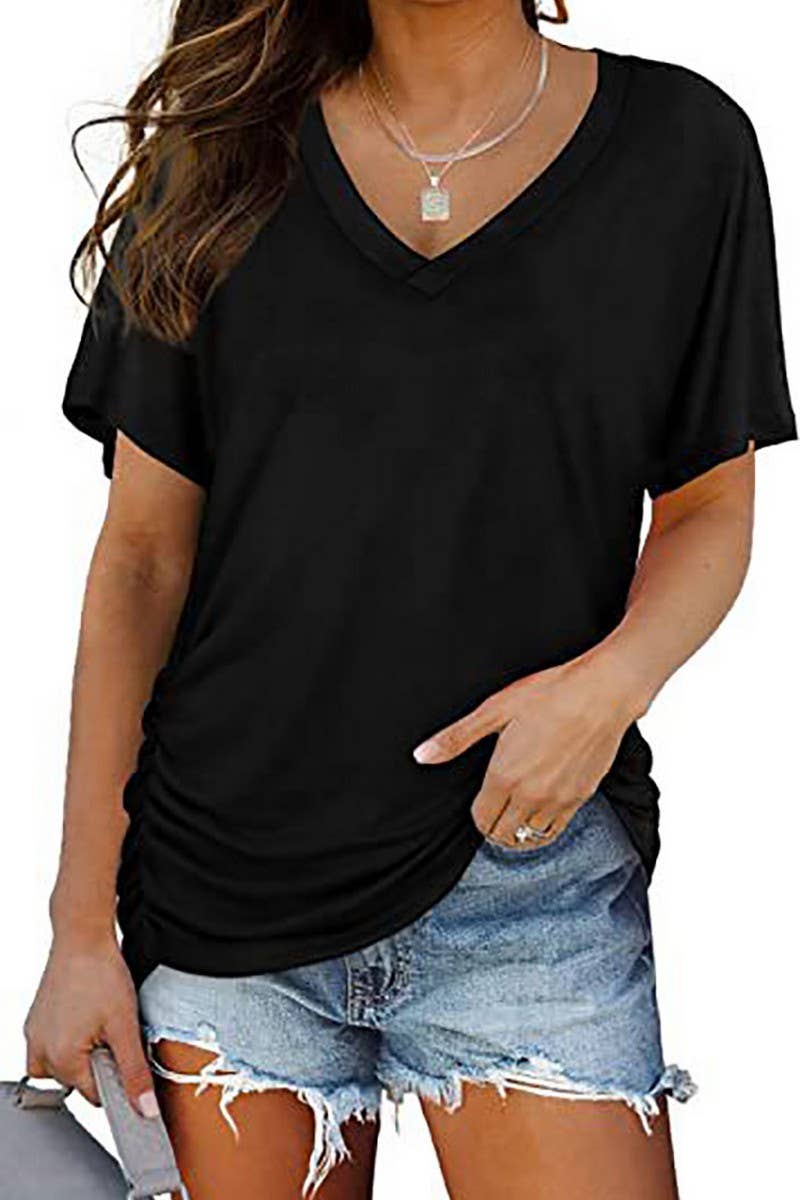 CWTTS1178_V-NECK SOLID COLOR CASUAL LOOSE TOP
