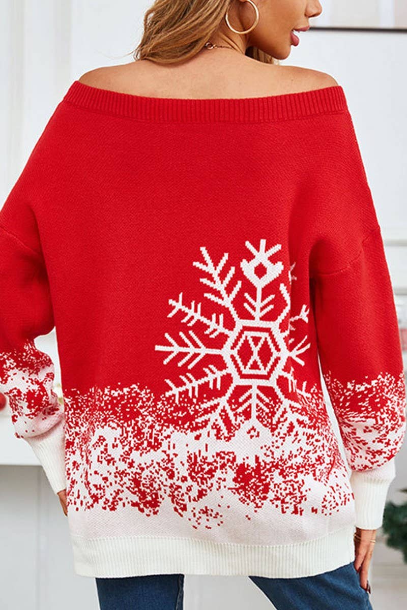 CWOSWL5980_OFF SHOULDER SNOWFLAKE CHRISTMAS KNIT SWEATER