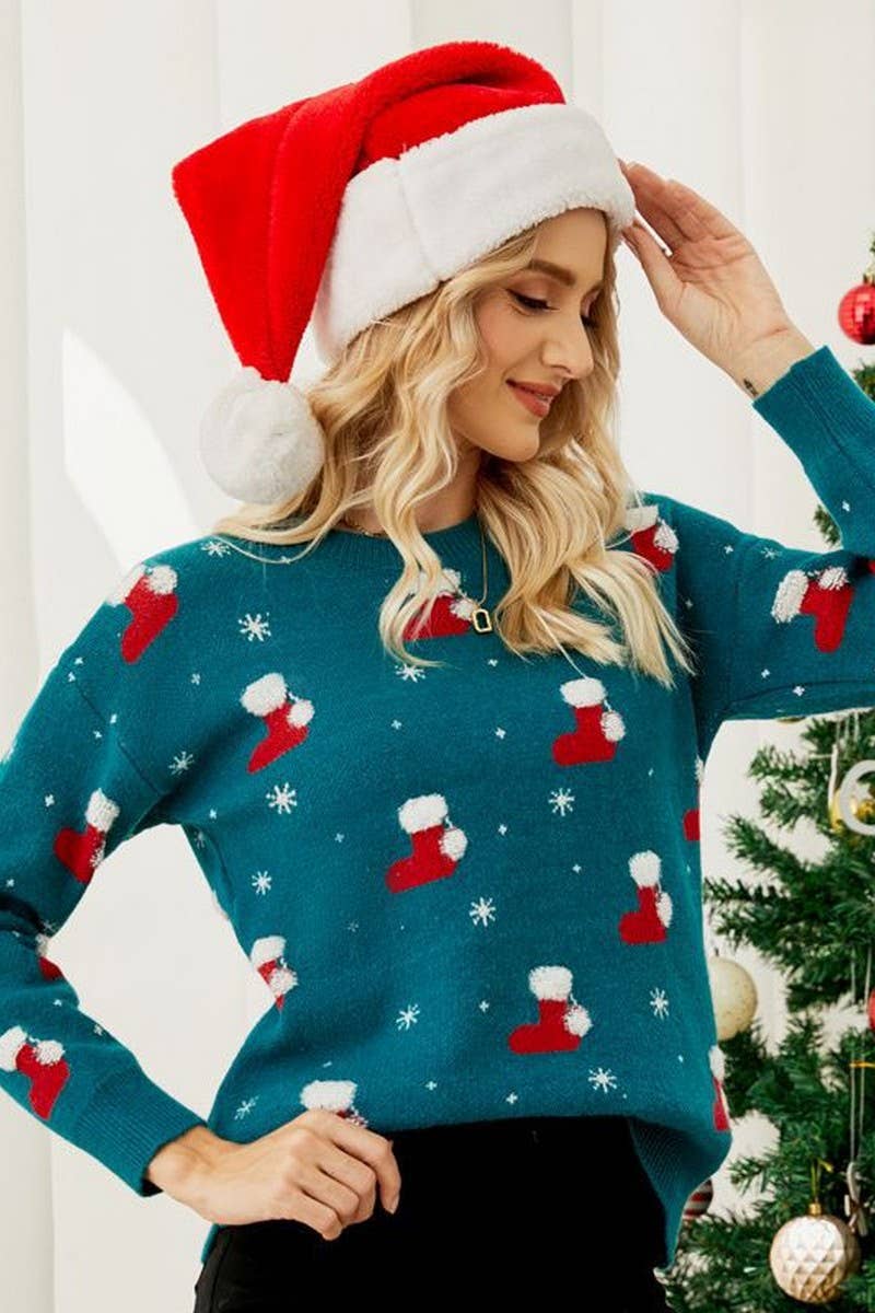 CWOSWL2495_SANTA HAT CREWNECK CHRISTMAS SWEATER