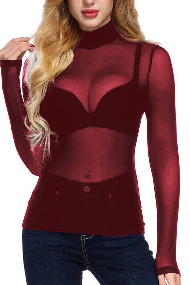 CWTBLL3864_SHEER MESH STRETCH LONG SLEEVE TURTLENECK TOP