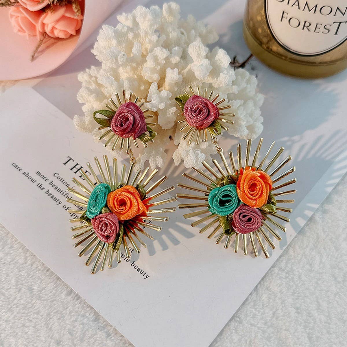 Handmade Fabric Flower Heart Earrings for Women
