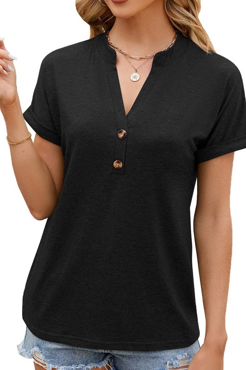 CWTBLS0866_V-NECK SOLID COLOR BUTTON-DOWN SHORT-SLEEVED TOP