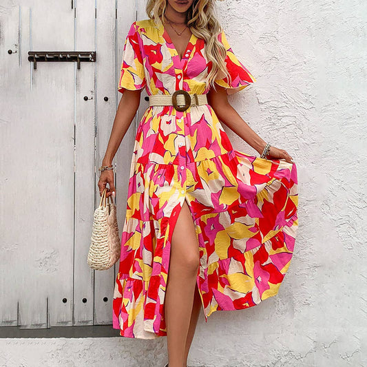 CARDIGAN V-NECK SINGLE-BREASTED PRINTED DRESS