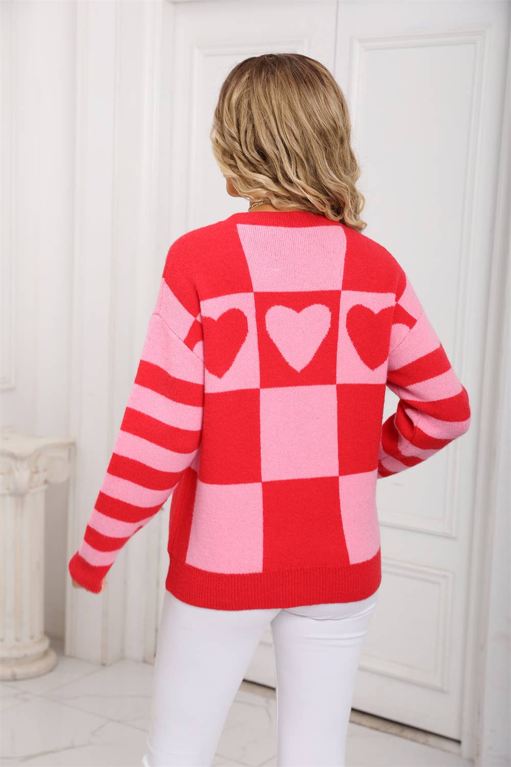 Color check pullover Valentine's Day sweater
