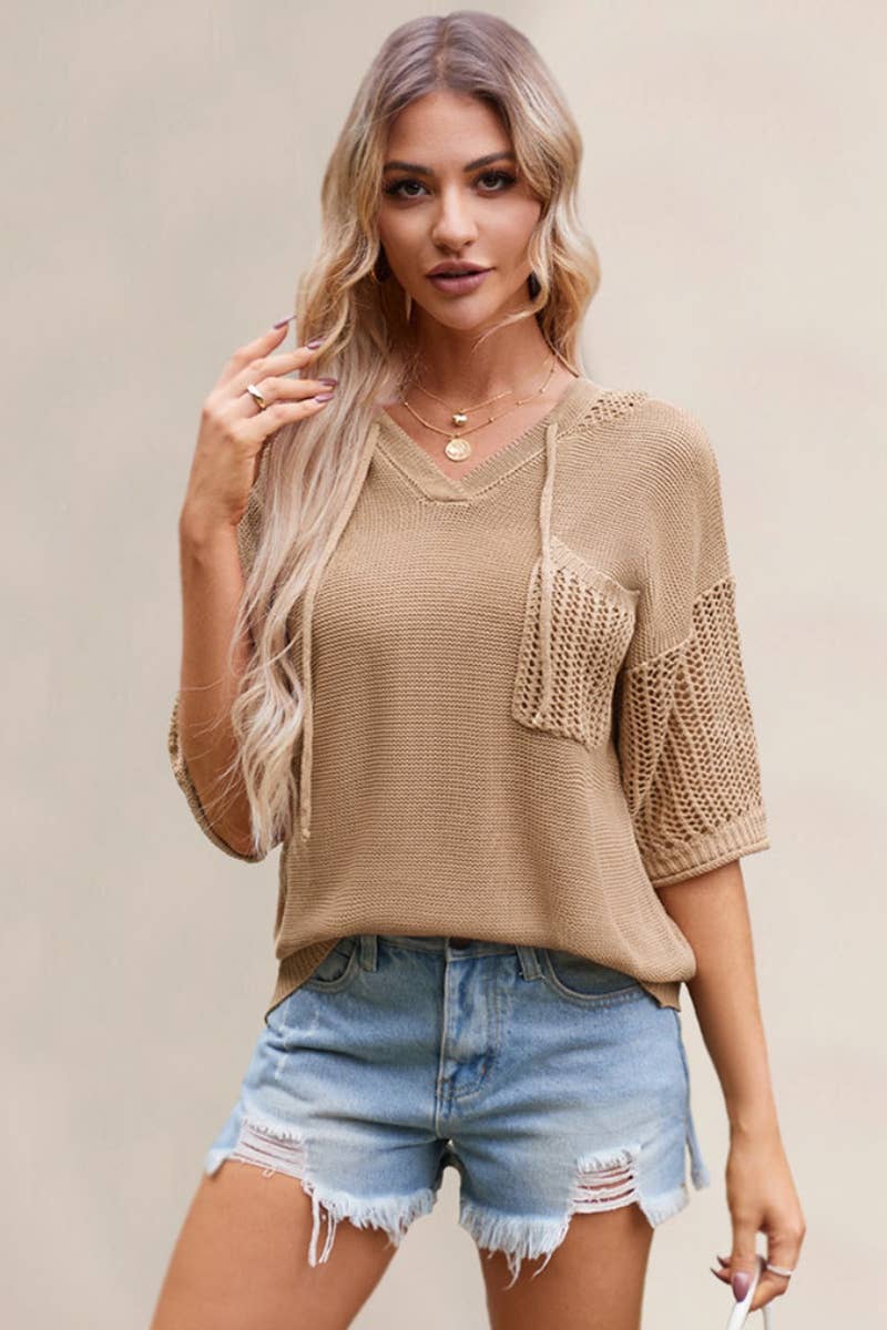 CWTBLS0745_SHORT-SLEEVED CUT-OUT HOODED SWEATER TOP