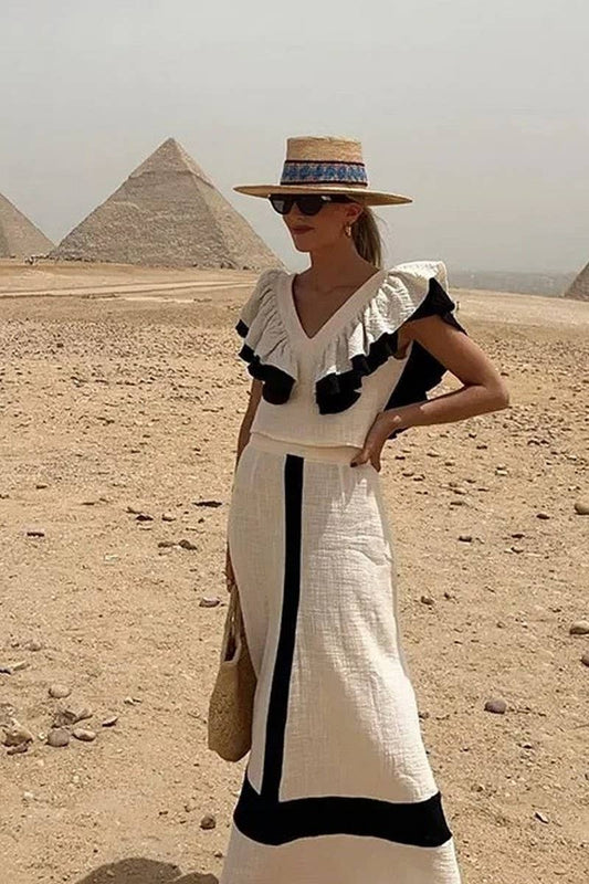 CWSTB1390_V-NECK SHORT-SLEEVED RUFFLED LONG SKIRT SUIT