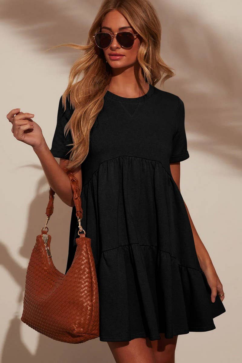 CWDSD7774_CASUAL POCKETED SHORT SLEEVE RUFFLED DRESS