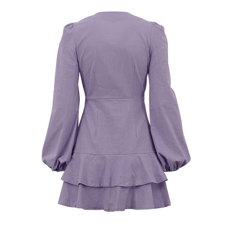 Cotton V-neck long-sleeved purple dress