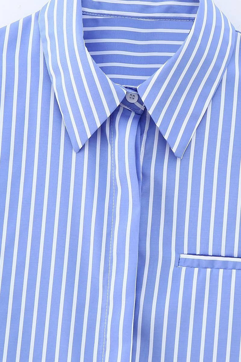 CWTSTL2451_STRIPED LAPEL SINGLE BREASTED CROPPED NAVEL SHIRT